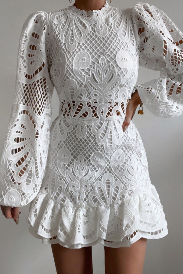 Women's Lace Mini Dress with Puff Sleeves