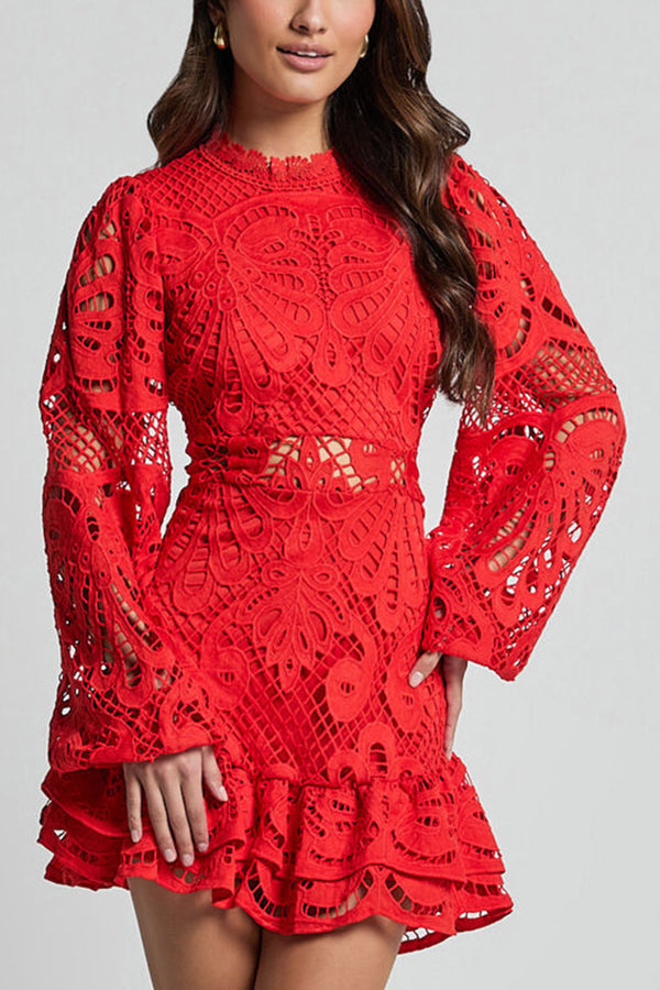 Women's Lace Mini Dress with Puff Sleeves