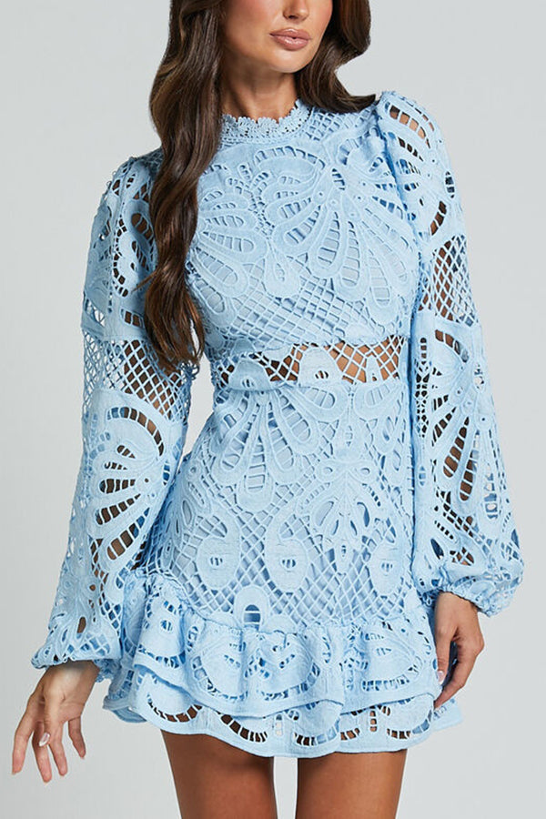 Women's Lace Mini Dress with Puff Sleeves