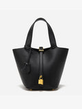 Women's Leather Bucket Handbag with Gold-Tone Hardware