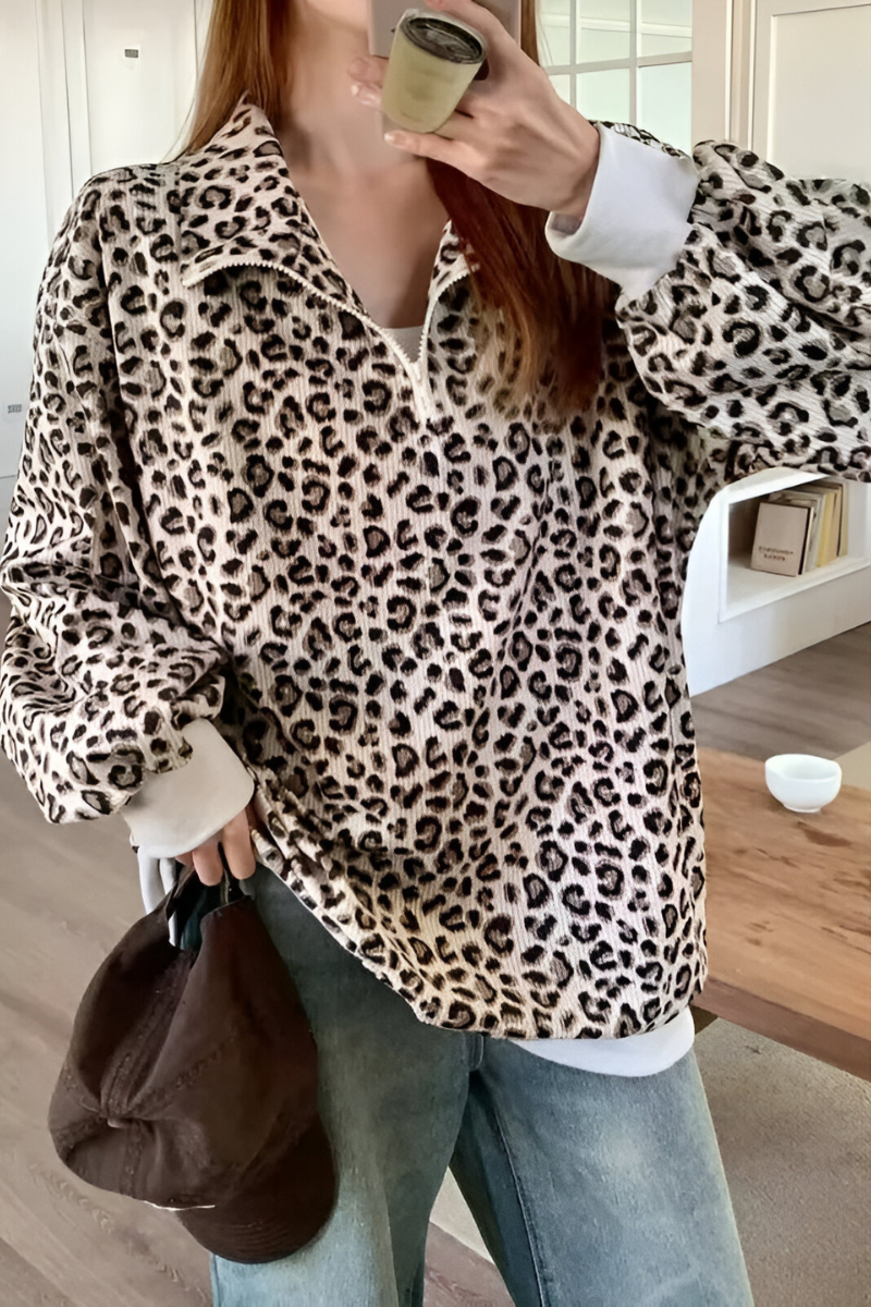 Women's Leopard Print Sweater with Relaxed Fit