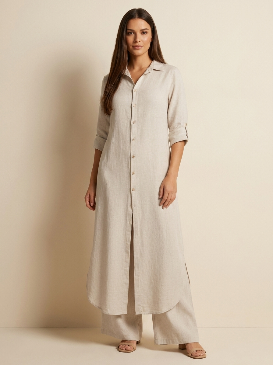 Women's Linen Blouse and Wide Trousers Set for Holiday Clothes