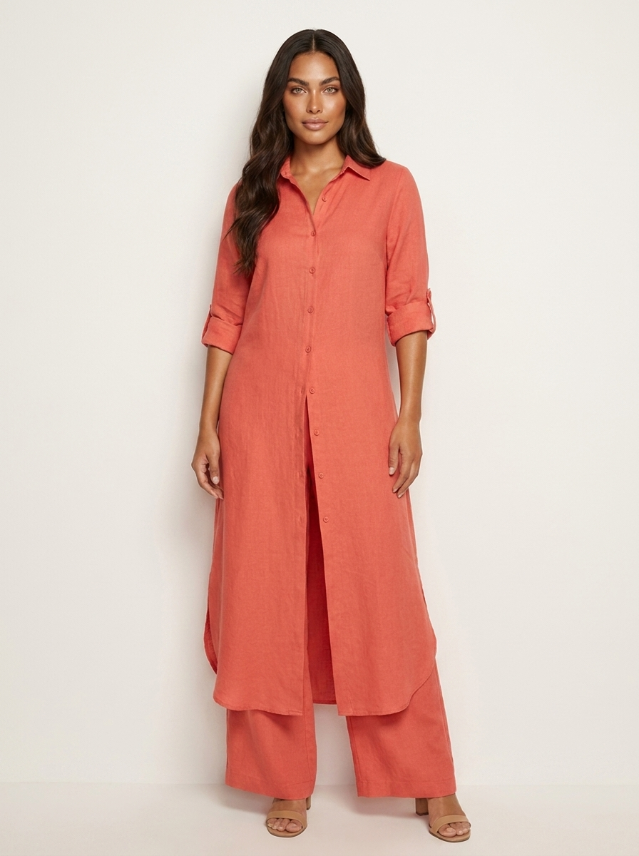 Women's Linen Blouse and Wide Trousers Set for Holiday Clothes