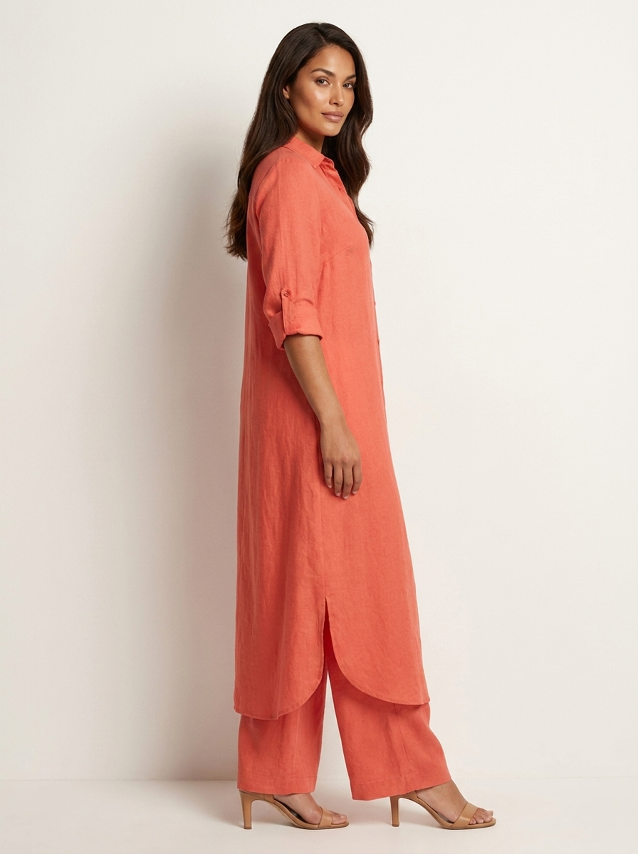 Women's Linen Blouse and Wide Trousers Set for Holiday Clothes