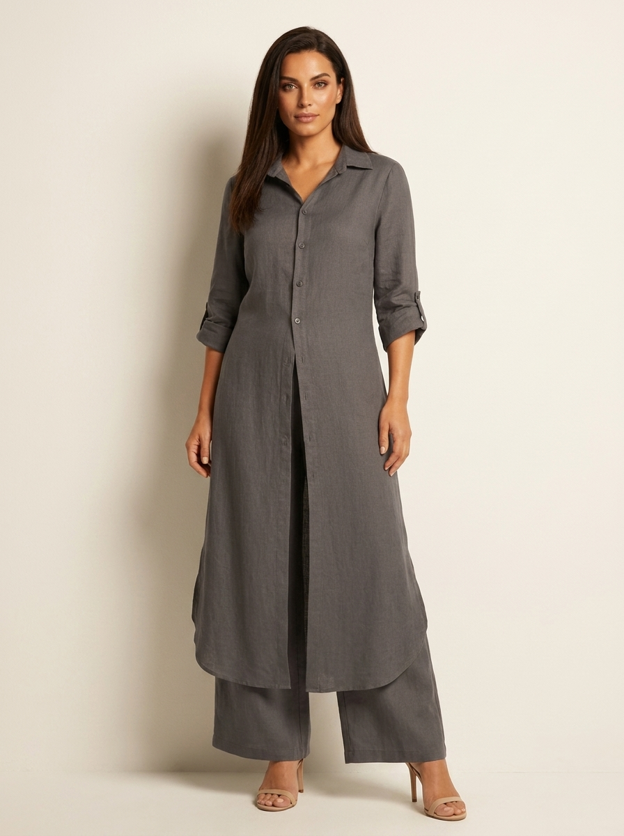 Women's Linen Blouse and Wide Trousers Set for Holiday Clothes