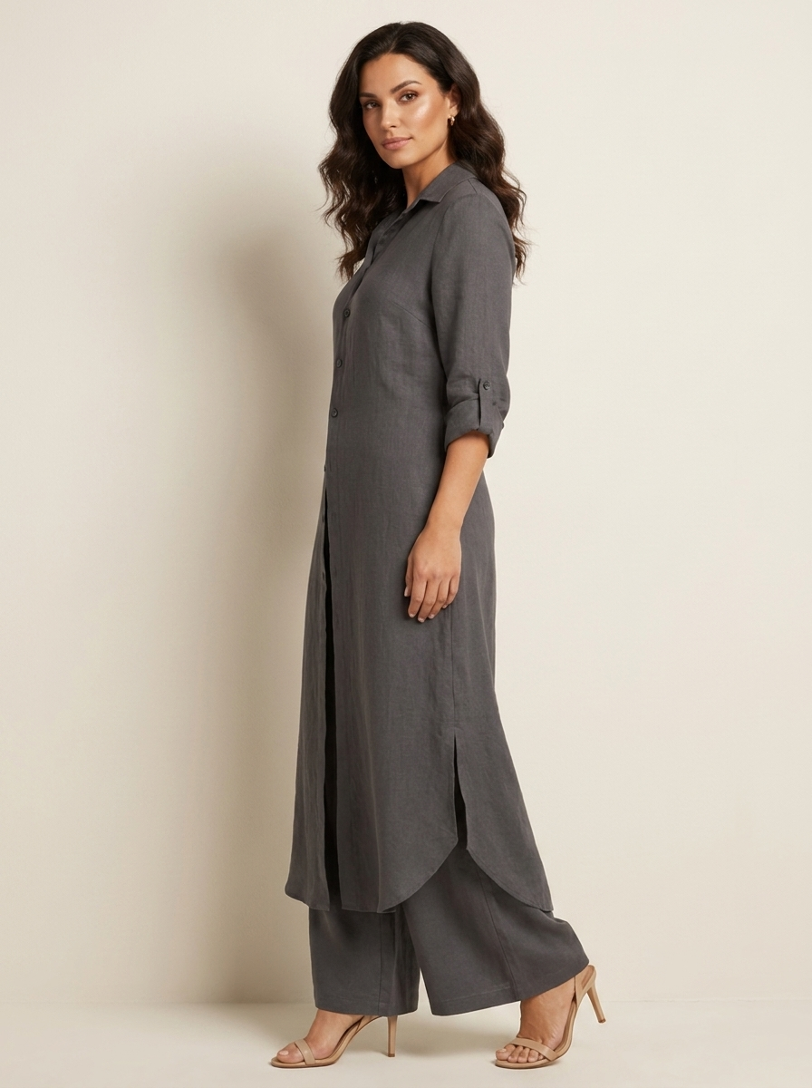 Women's Linen Blouse and Wide Trousers Set for Holiday Clothes