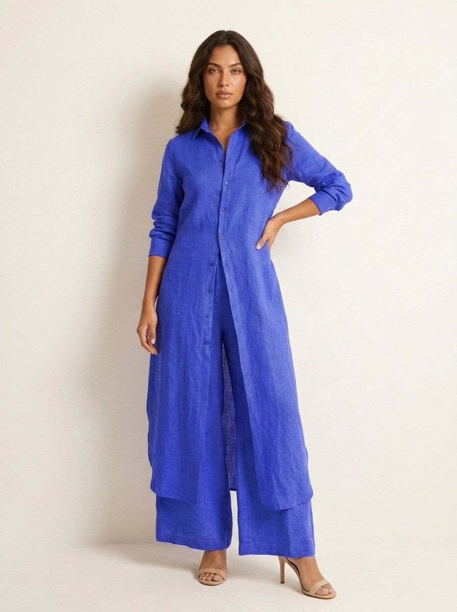 Women's Linen Blouse and Wide Trousers Set for Holiday Clothes