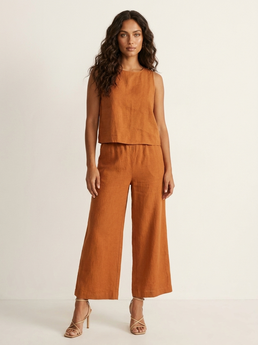 Women’s Linen Look Two-Piece Set with Wide Trousers