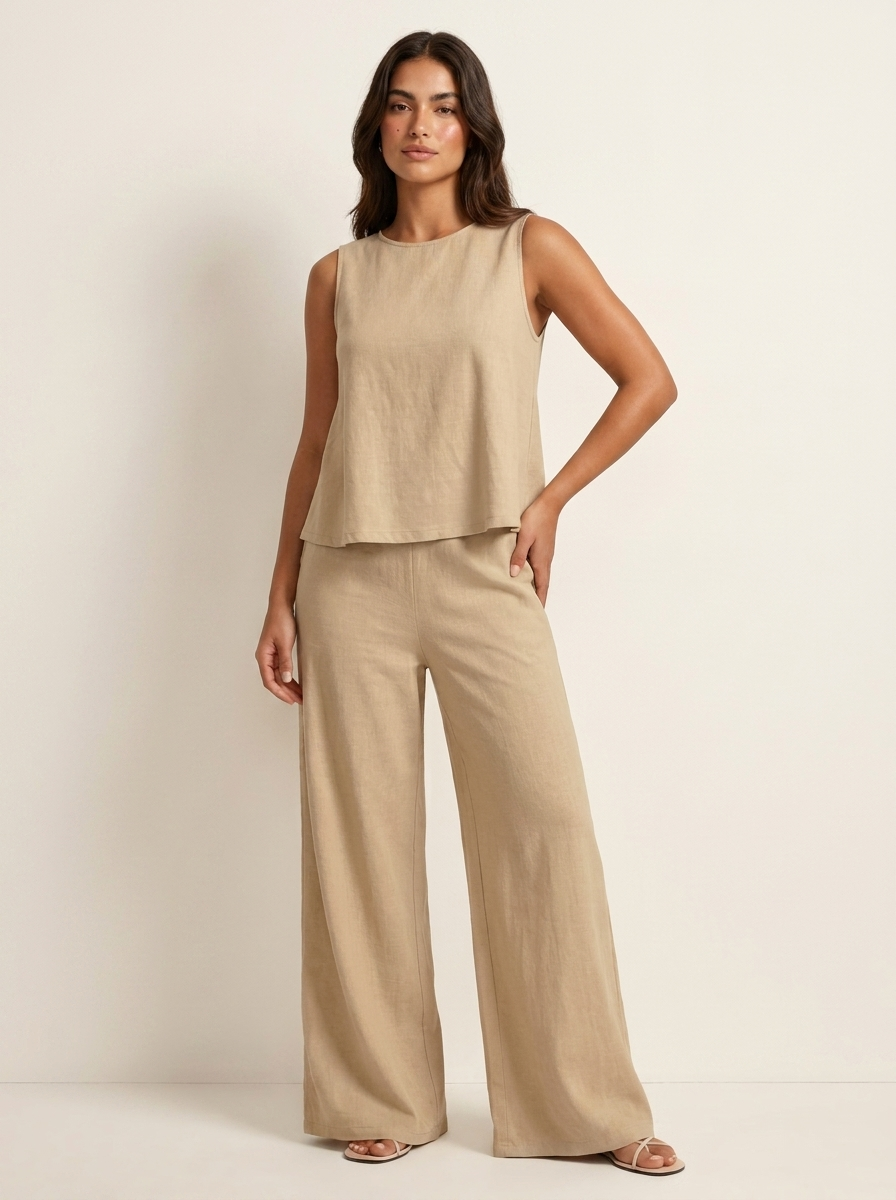 Women’s Linen Look Two-Piece Set with Wide Trousers
