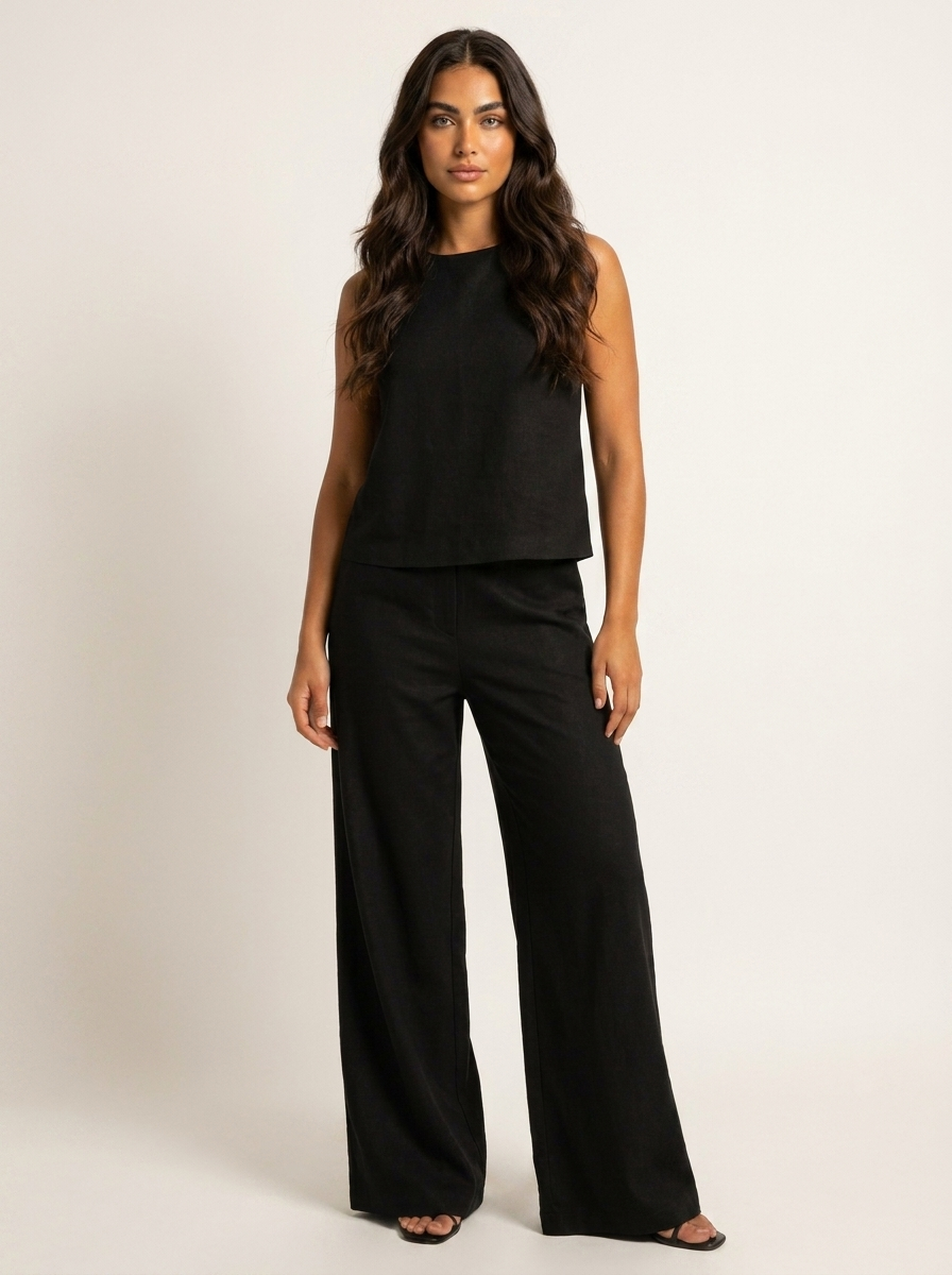 Women’s Linen Look Two-Piece Set with Wide Trousers