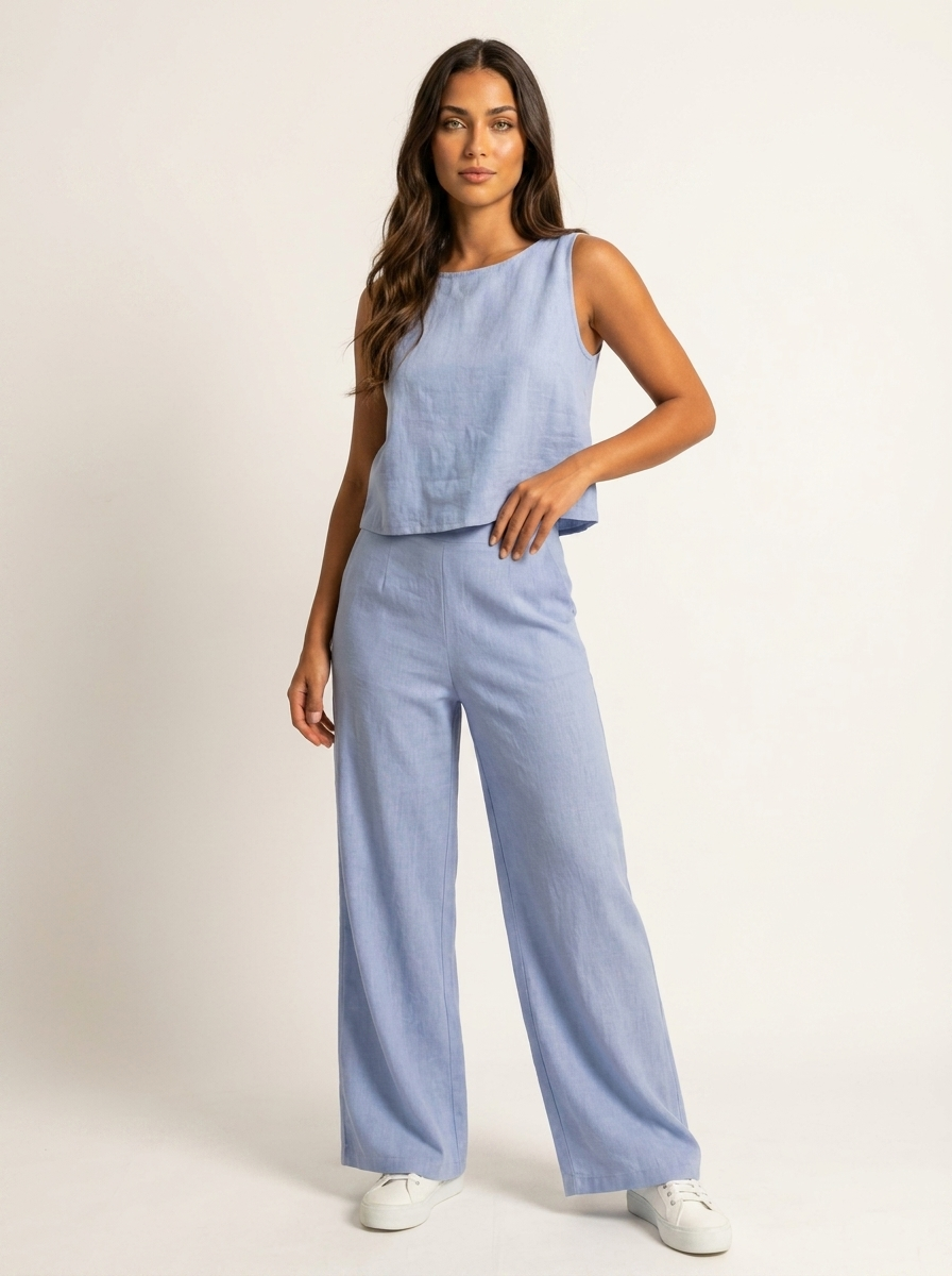 Women’s Linen Look Two-Piece Set with Wide Trousers