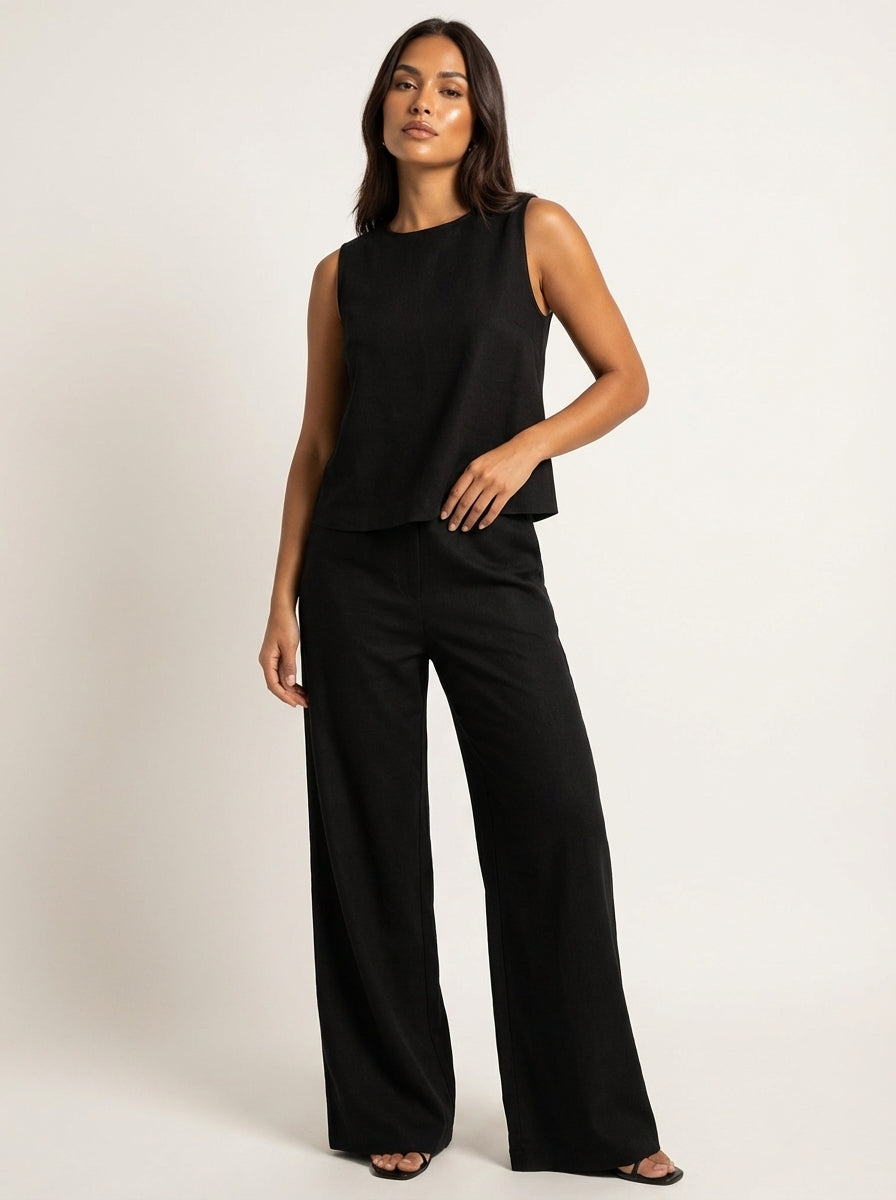 Women’s Linen Look Two-Piece Set with Wide Trousers