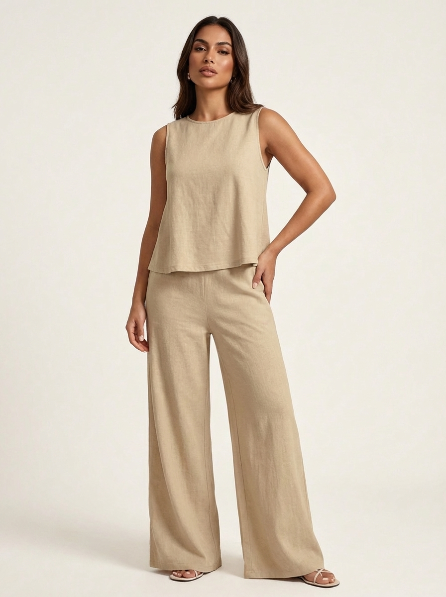 Women’s Linen Look Two-Piece Set with Wide Trousers