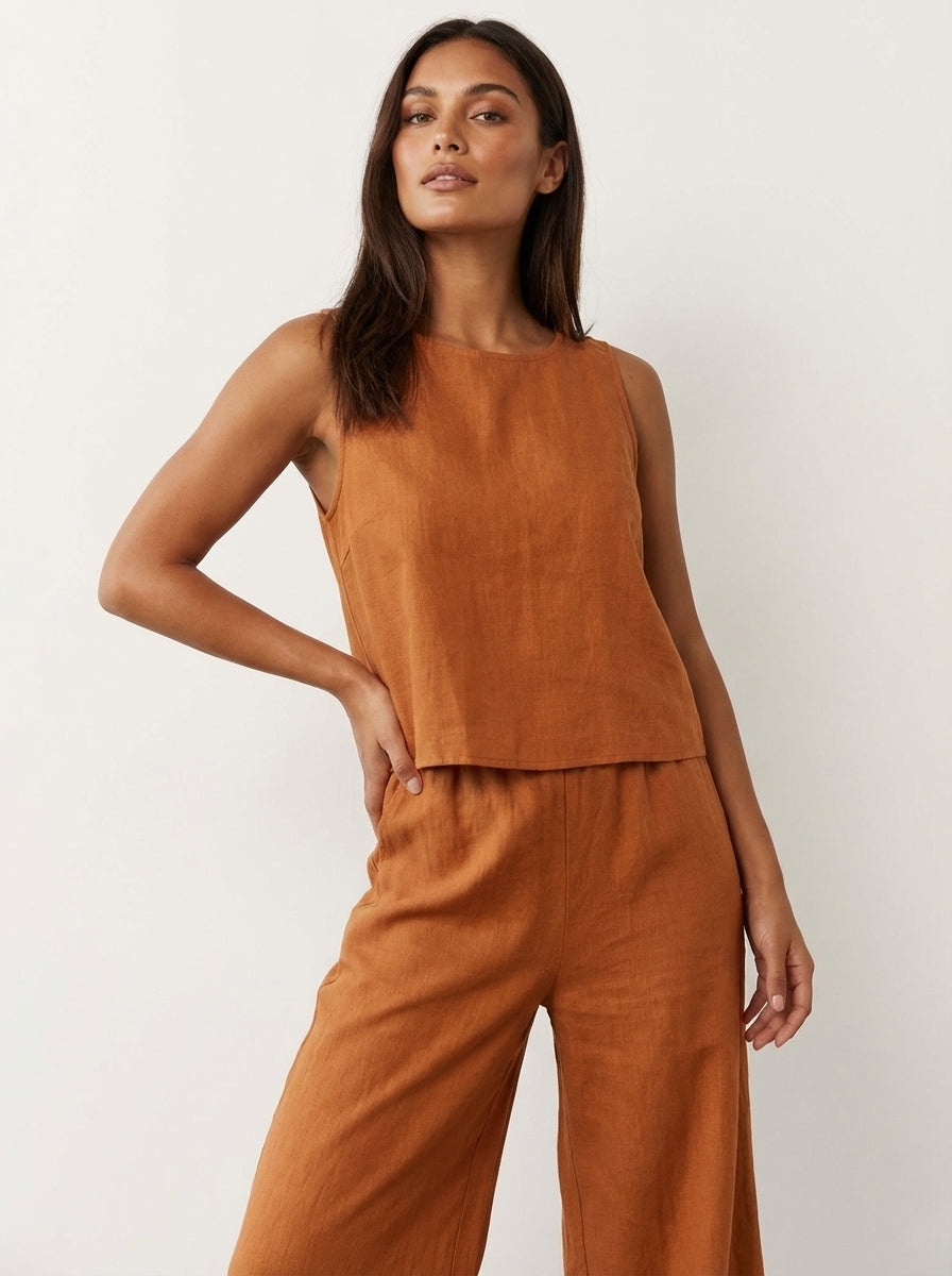 Women’s Linen Look Two-Piece Set with Wide Trousers