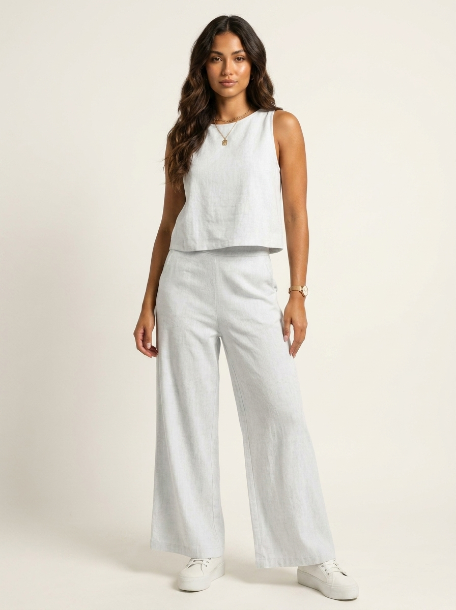 Women’s Linen Look Two-Piece Set with Wide Trousers
