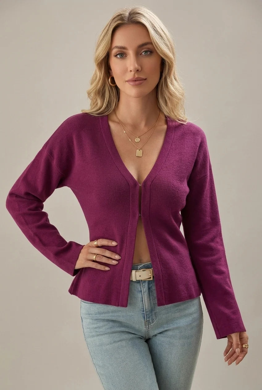 Women's Long Knit Cardigan with V-Neckline and Button Front