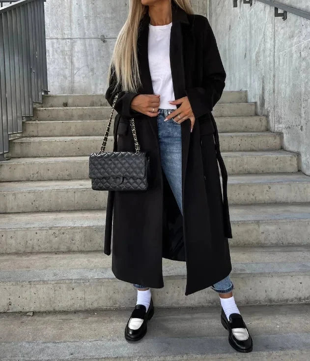 Women's Long Lapel Button Front Trench Coat 3