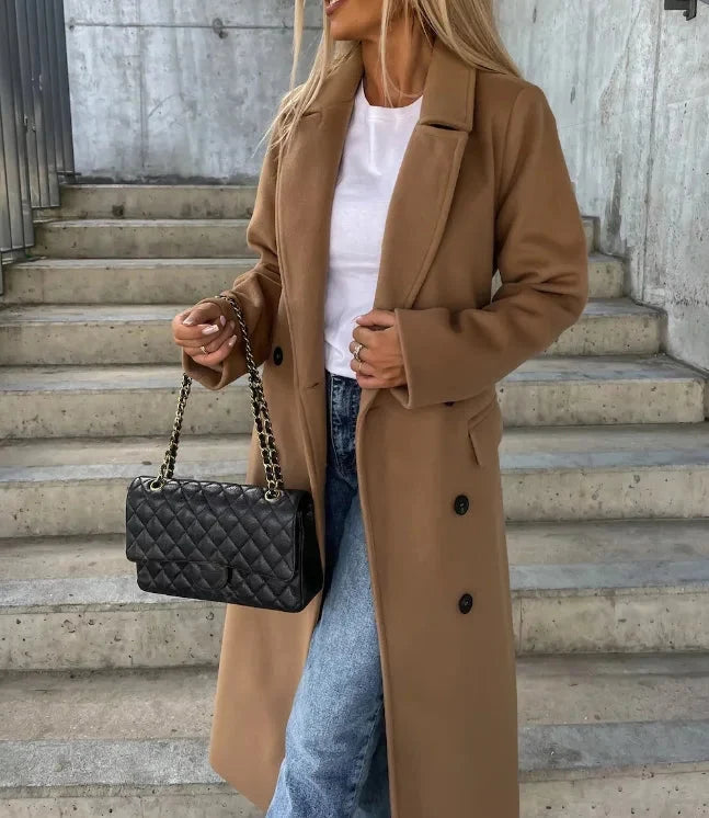 Women's Long Lapel Button Front Trench Coat 4