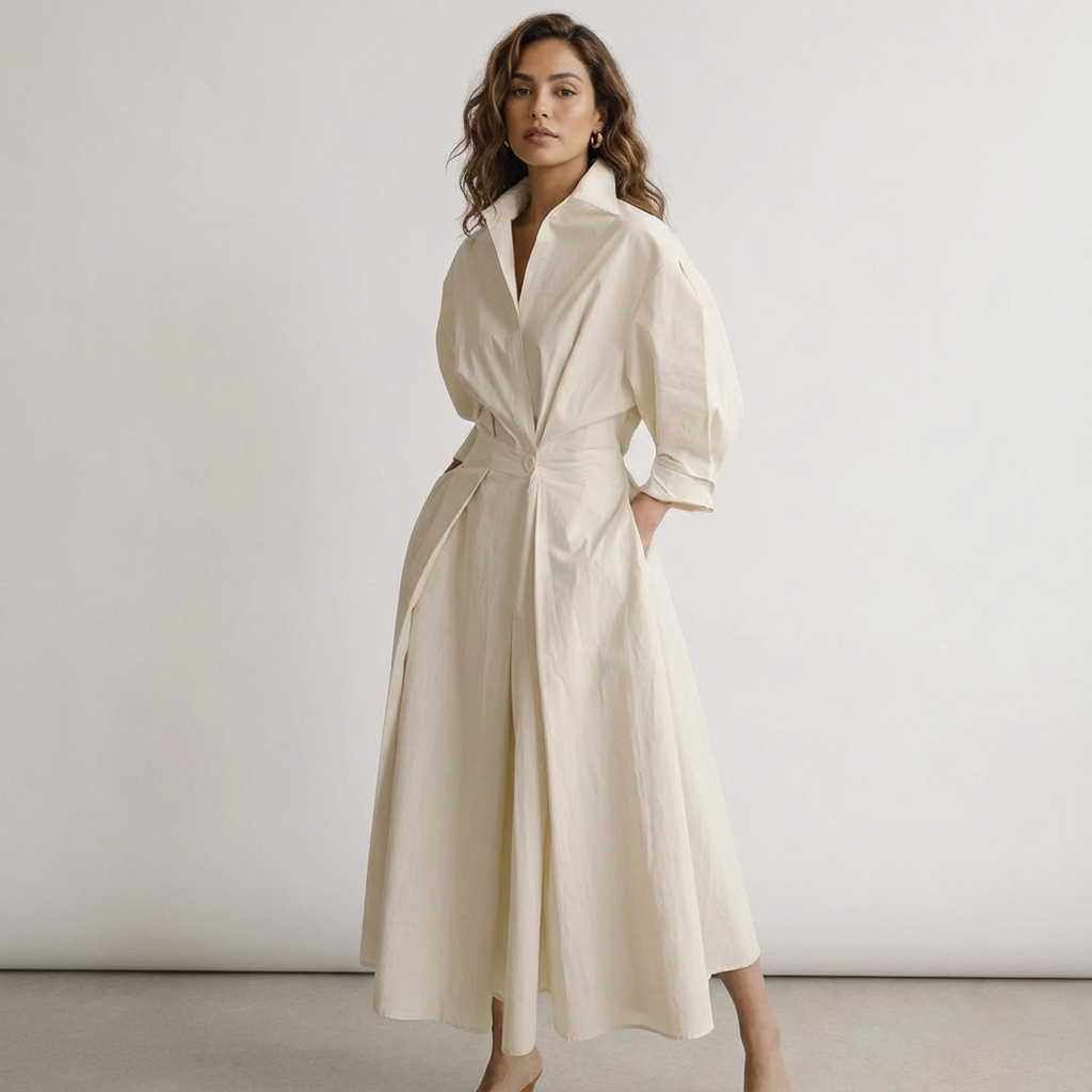 Women's Long Shirt Dress with Fitted Waist
