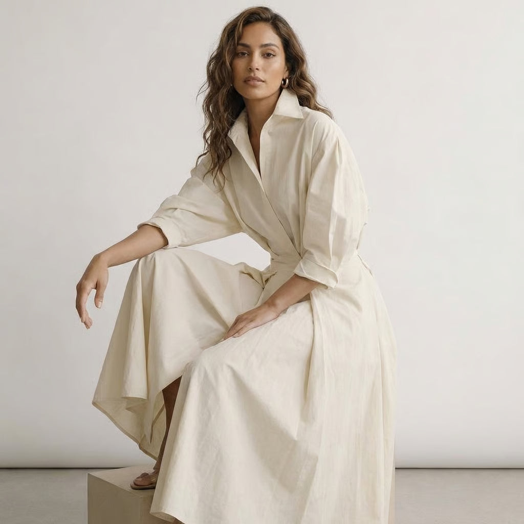 Women's Long Shirt Dress with Fitted Waist