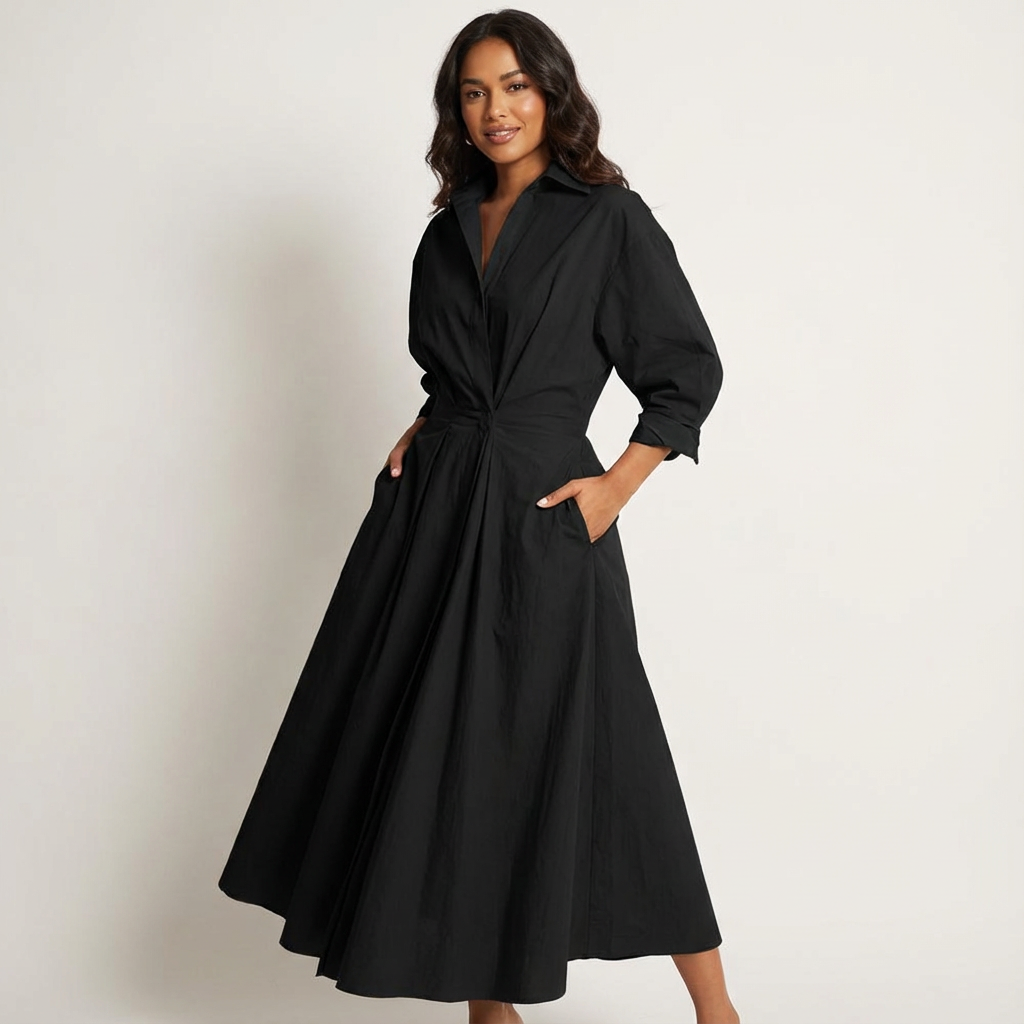 Women's Long Shirt Dress with Fitted Waist