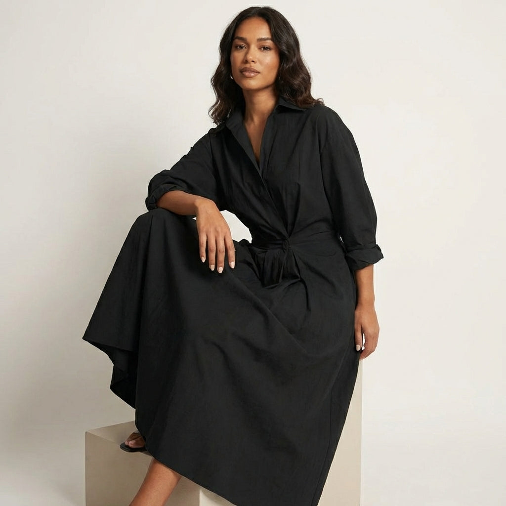 Women's Long Shirt Dress with Fitted Waist