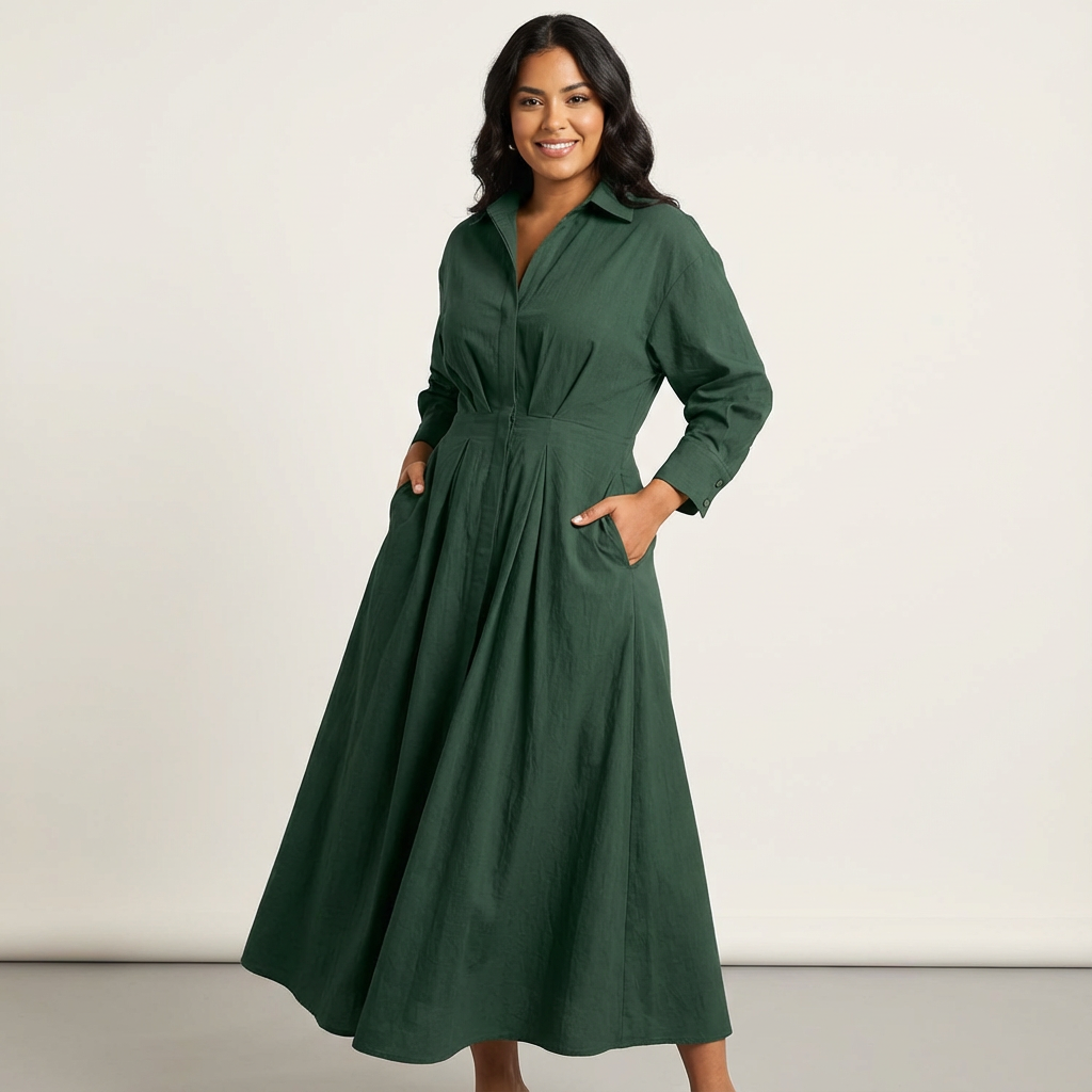 Women's Long Shirt Dress with Fitted Waist