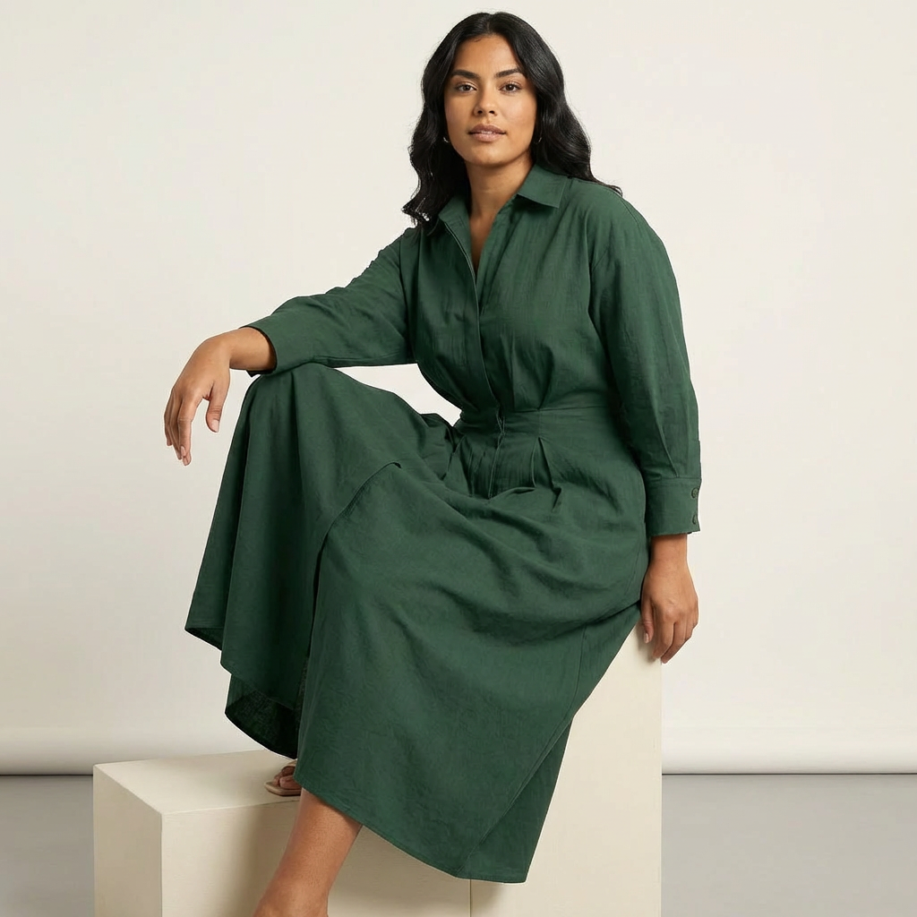 Women's Long Shirt Dress with Fitted Waist