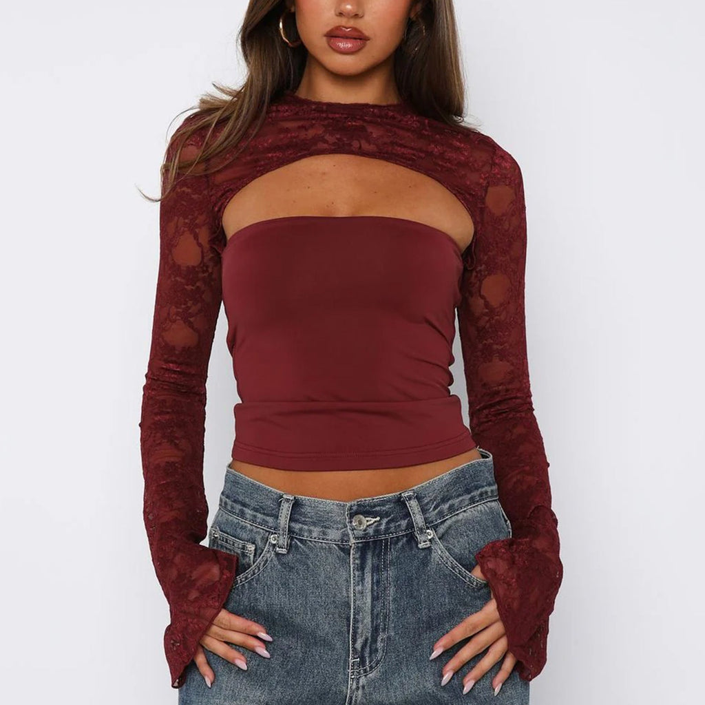 Women's Long Sleeve Elegant Lace Cut-Out Top