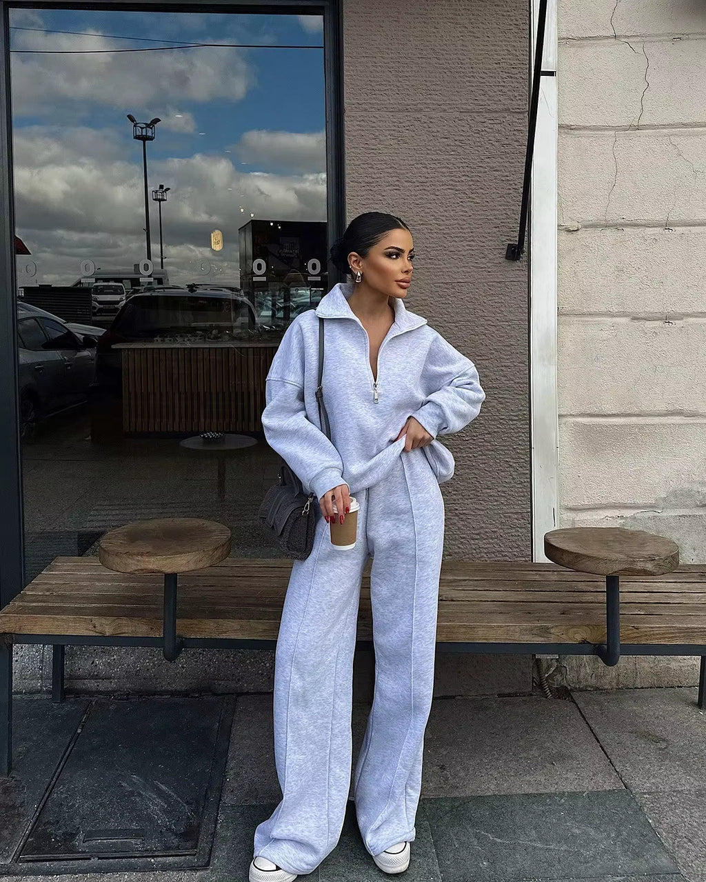 Women's Loungewear Set - Casual Half Zip & Wide-Leg Pants