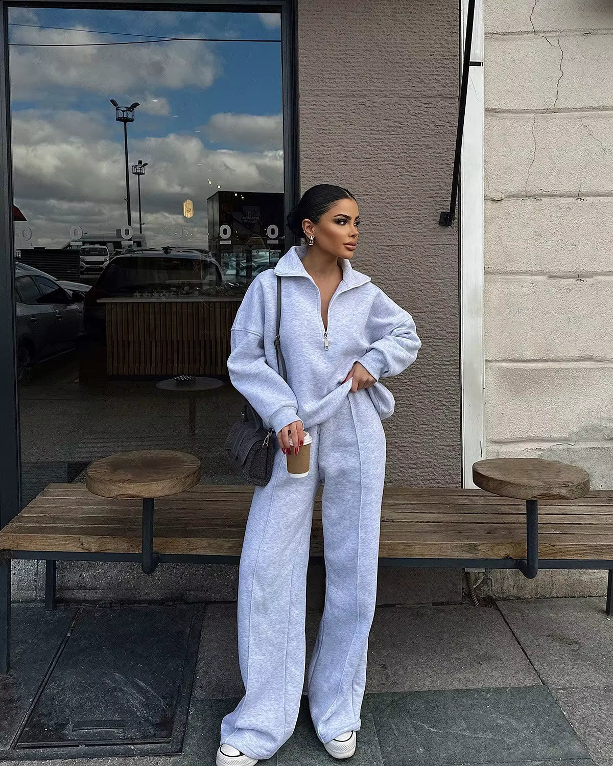 Women's Loungewear Set - Casual Half Zip & Wide-Leg Pants