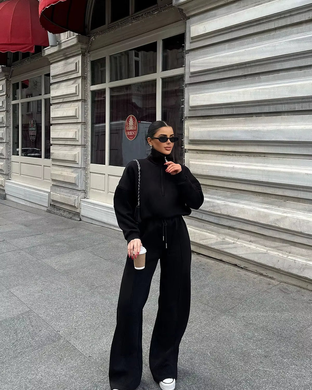 Women's Loungewear Set - Casual Half Zip & Wide-Leg Pants