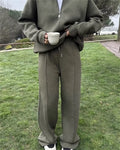 Women's Loungewear Set - Casual Half Zip & Wide-Leg Pants