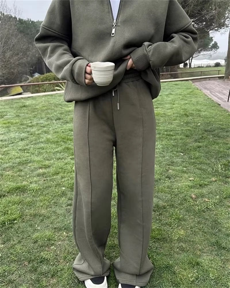 Women's Loungewear Set - Casual Half Zip & Wide-Leg Pants