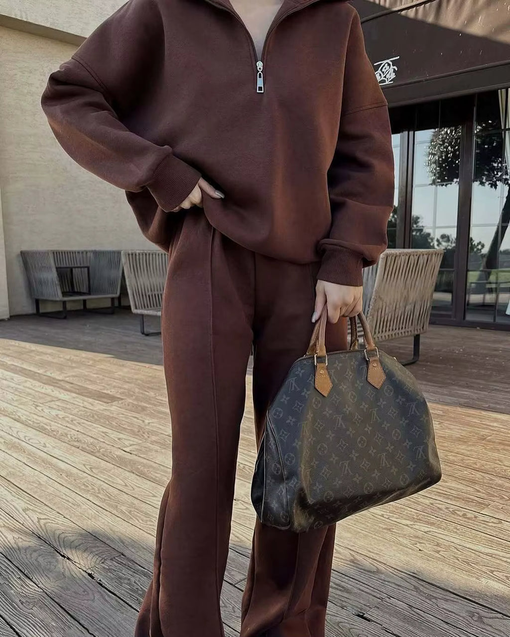 Women's Loungewear Set - Casual Half Zip & Wide-Leg Pants