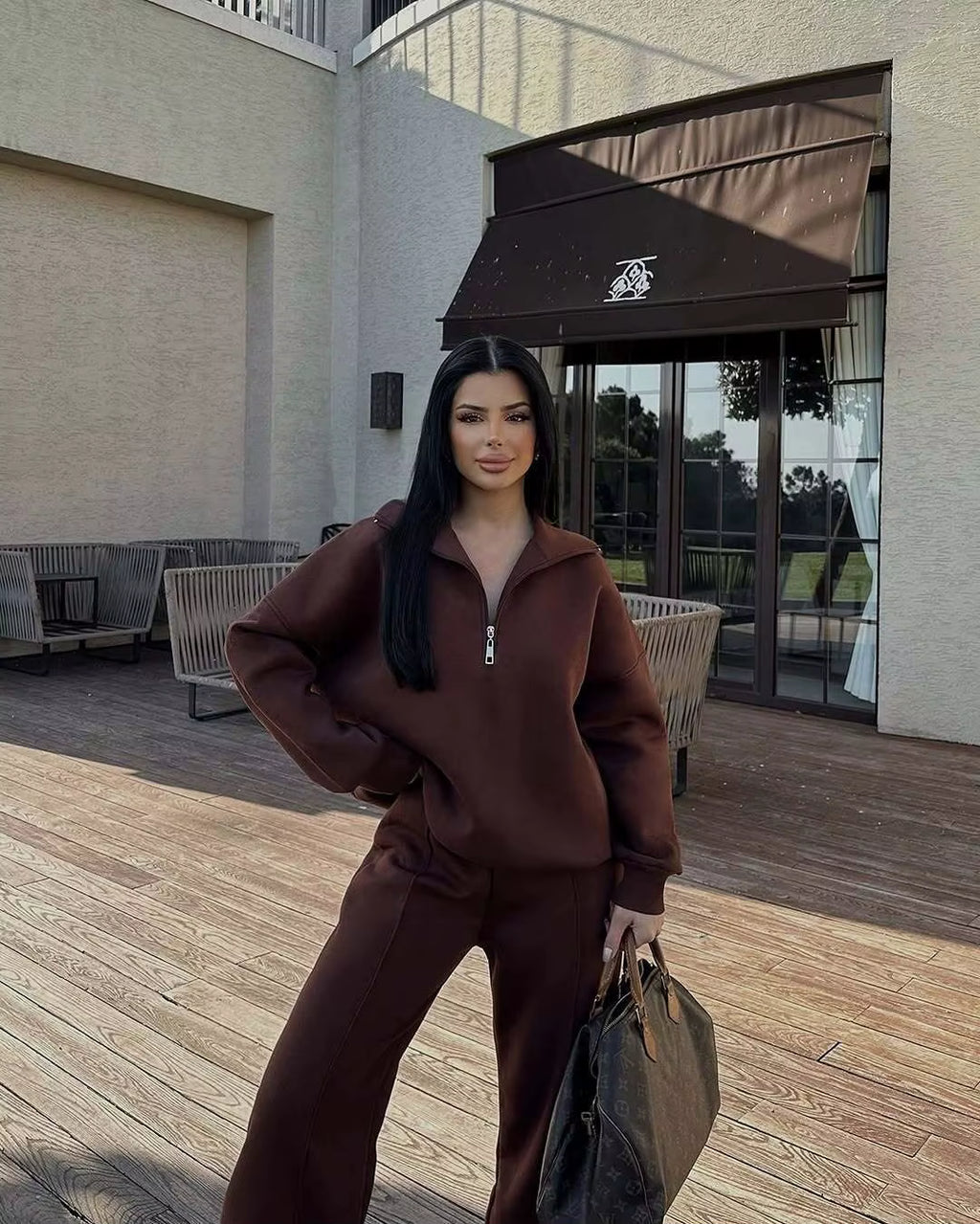 Women's Loungewear Set - Casual Half Zip & Wide-Leg Pants