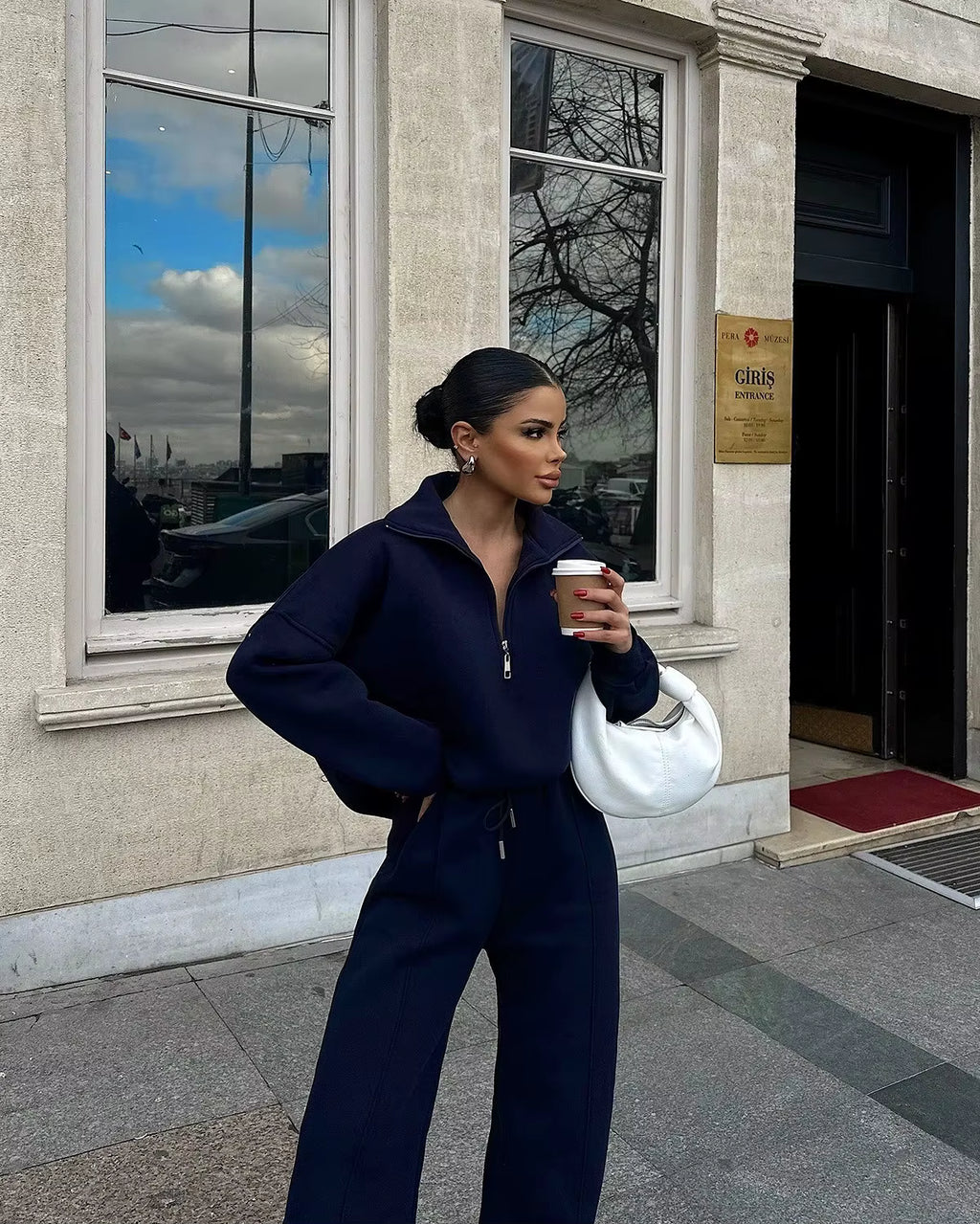 Women's Loungewear Set - Casual Half Zip & Wide-Leg Pants