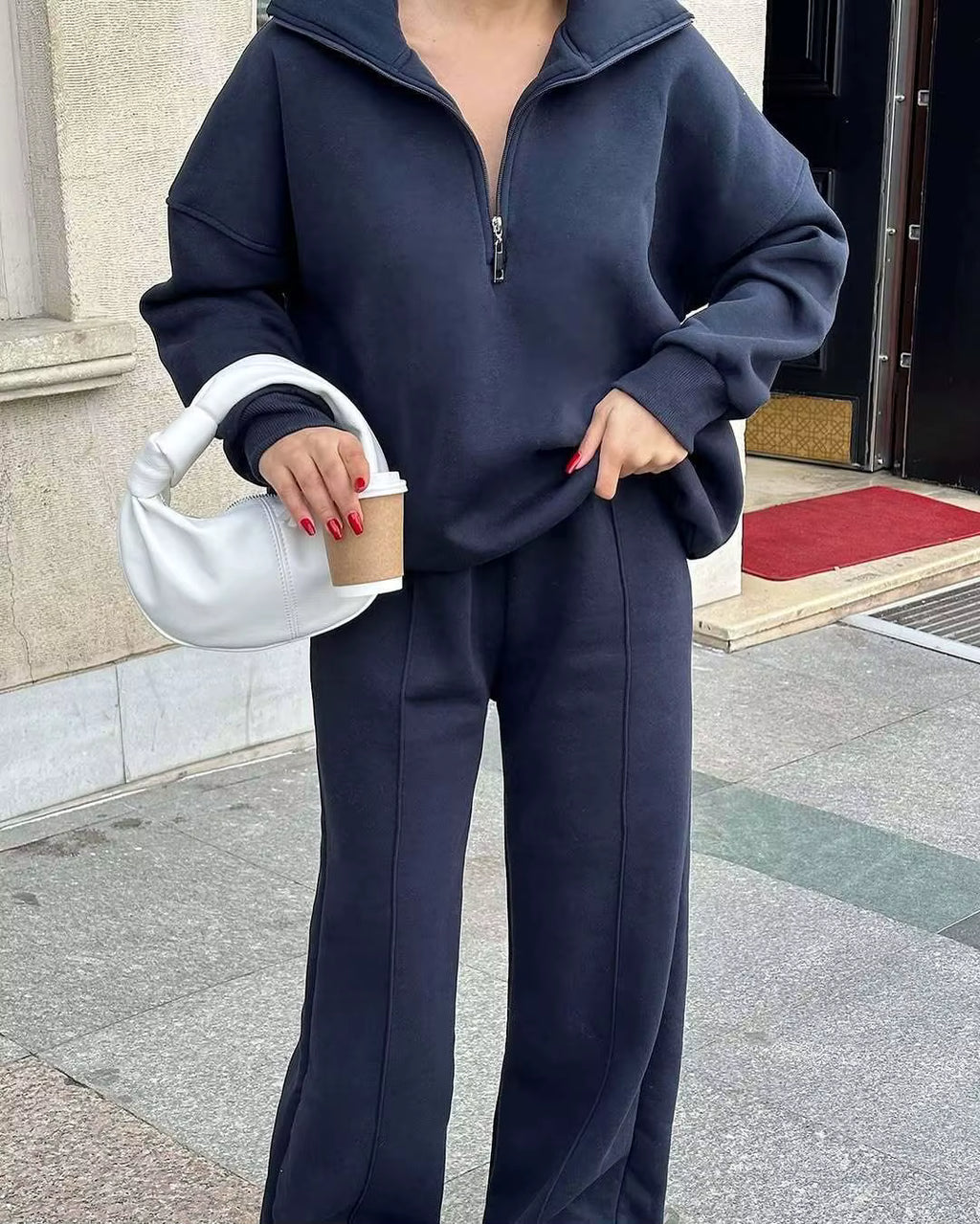 Women's Loungewear Set - Casual Half Zip & Wide-Leg Pants