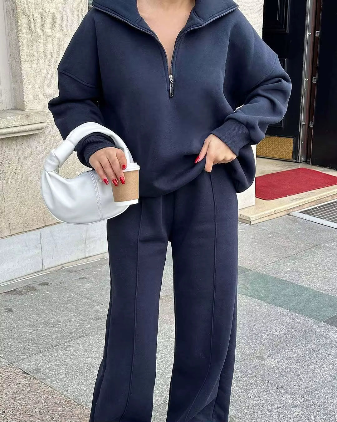 Women's Loungewear Set - Casual Half Zip & Wide-Leg Pants