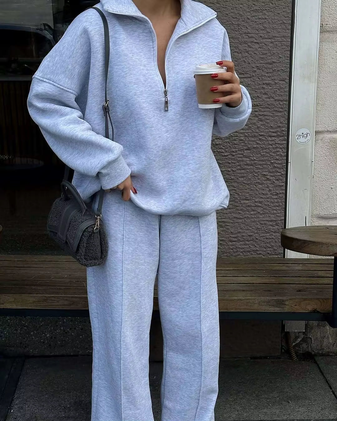 Women's Loungewear Set - Casual Half Zip & Wide-Leg Pants