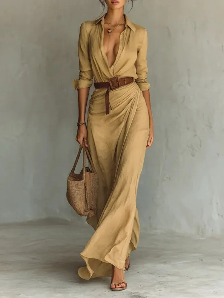 Womens Elegant Maxi Shirt Dress with Belt
