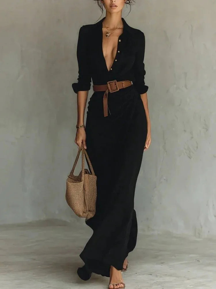 Womens Elegant Maxi Shirt Dress with Belt