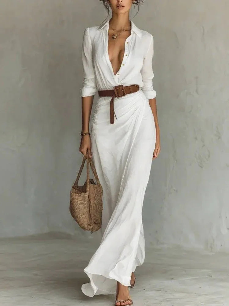 Womens Elegant Maxi Shirt Dress with Belt