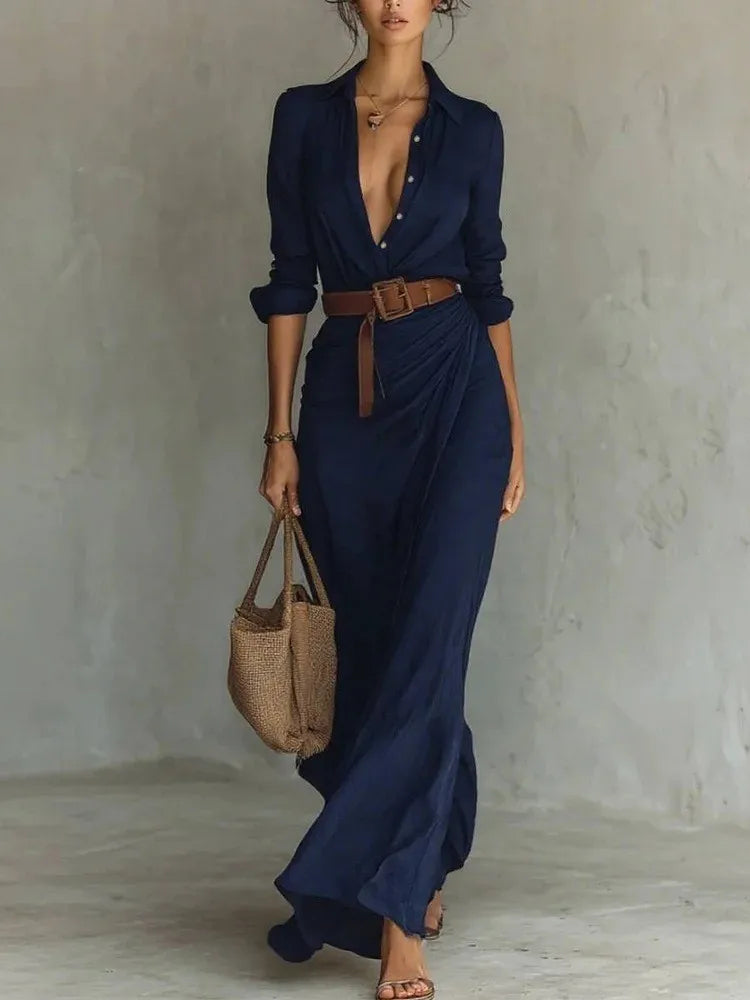 Womens Elegant Maxi Shirt Dress with Belt