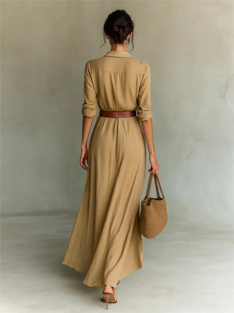 Womens Elegant Maxi Shirt Dress with Belt