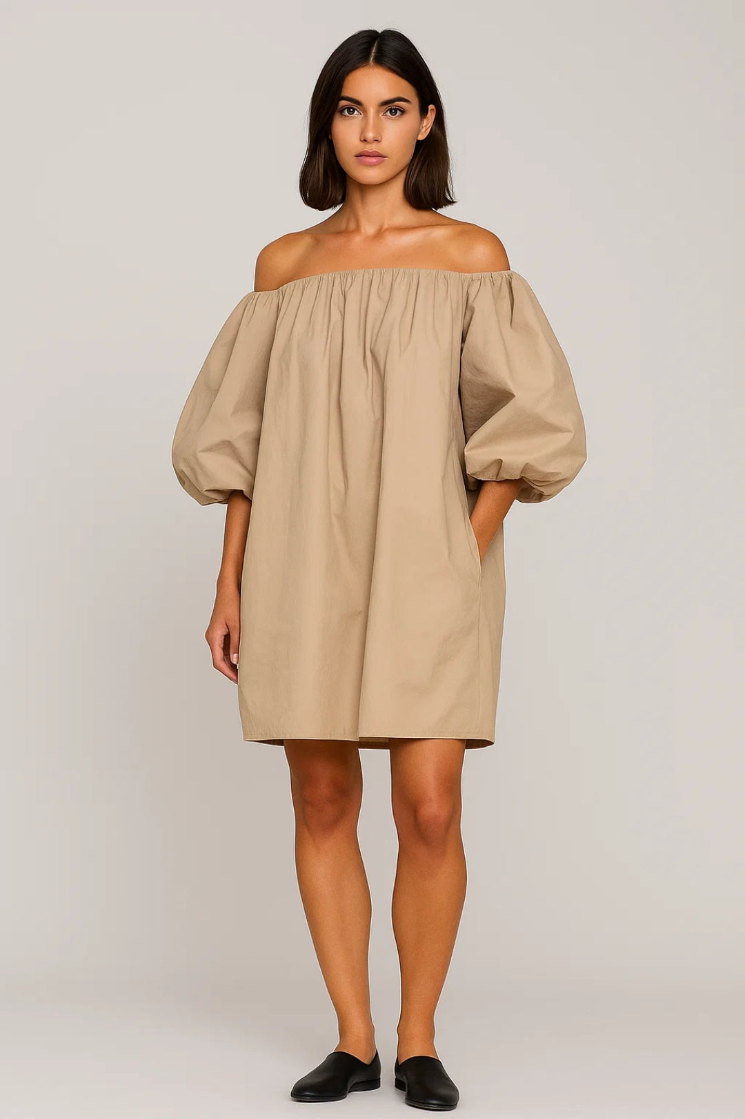 Women's Off-Shoulder Mini Summer Dress with Voluminous Sleeves