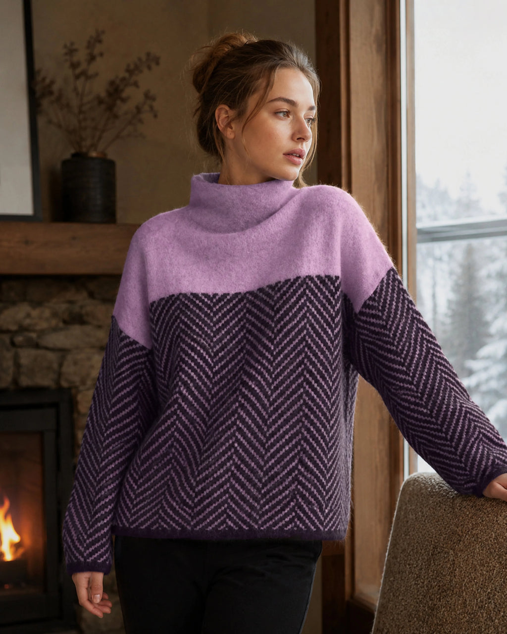 Women's Oversized Herringbone Color Block Sweater 2