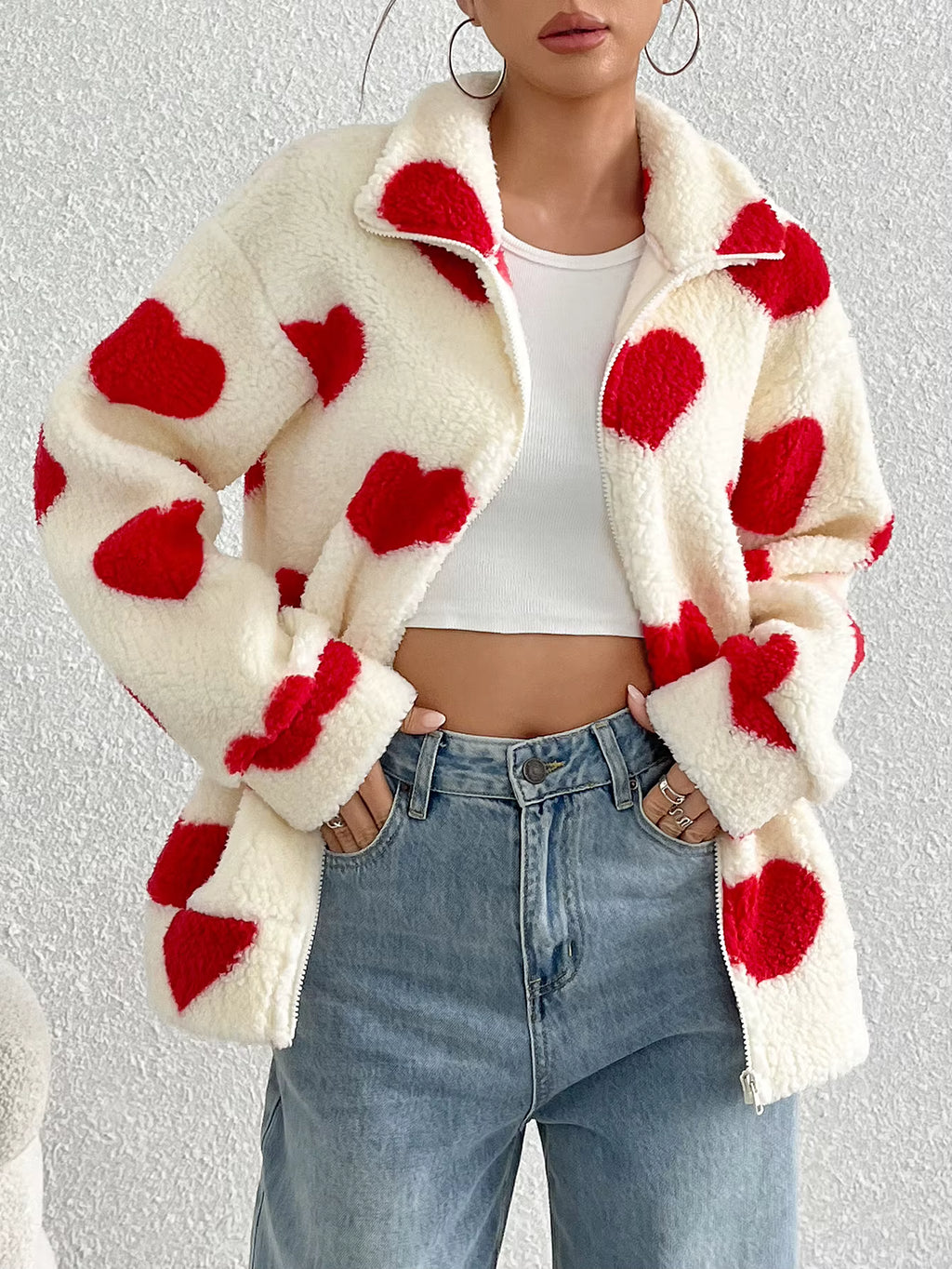 Women's Plush Cardigan Coat with Love Print and Zipper