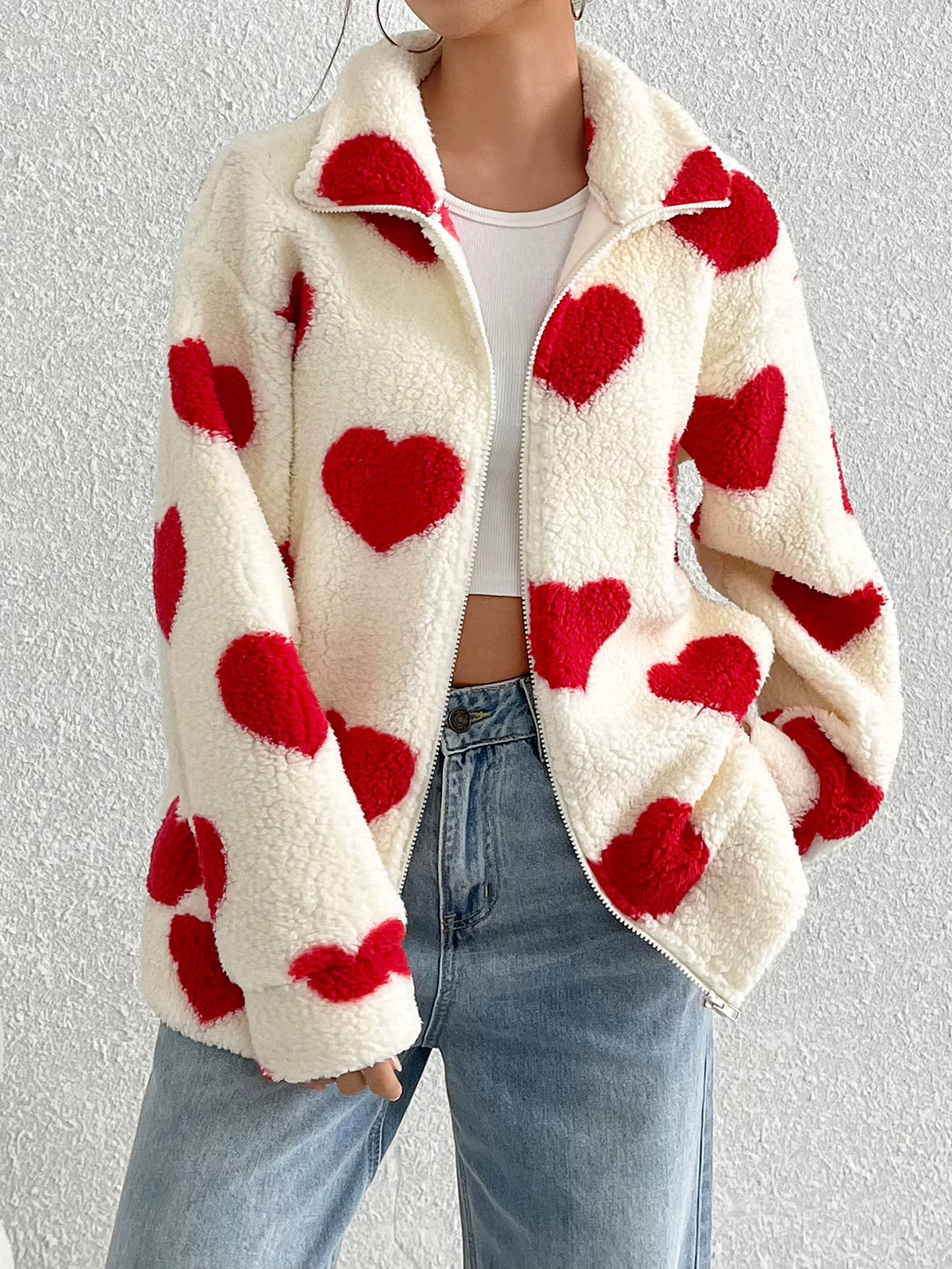 Women's Plush Cardigan Coat with Love Print and Zipper