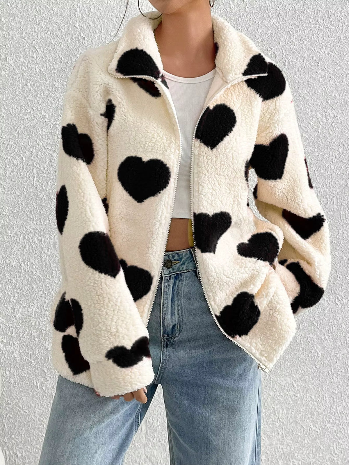 Women's Plush Cardigan Coat with Love Print and Zipper